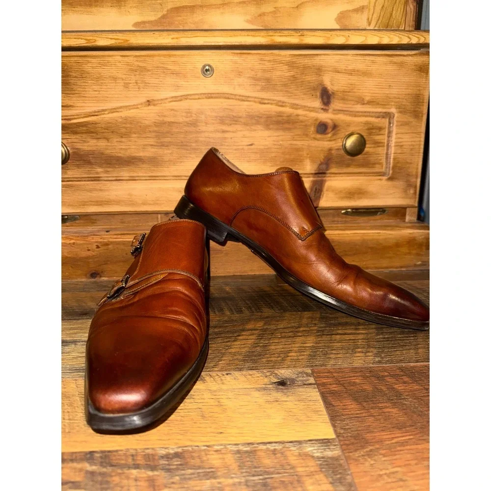 Magnanni Men 10.5 M Brown Leather Double Monk Strap Dress Shoes 19737